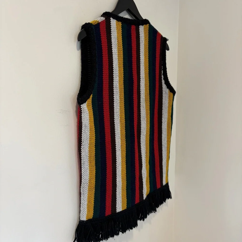 Vintage Sears Cardigan Sweater Vest Striped Fringe 60s 70s Boho Hippie Mod Knit